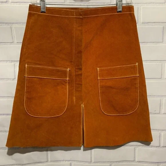Vintage 60's-70's Sz 11 Brown A-line Suede Leather Skirt W/Pockets Hippie Boho - Picture 3 of 13